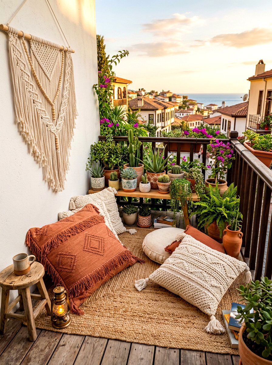 Boho Balcony Floor Pillows - 30 balcony seating nook ideas