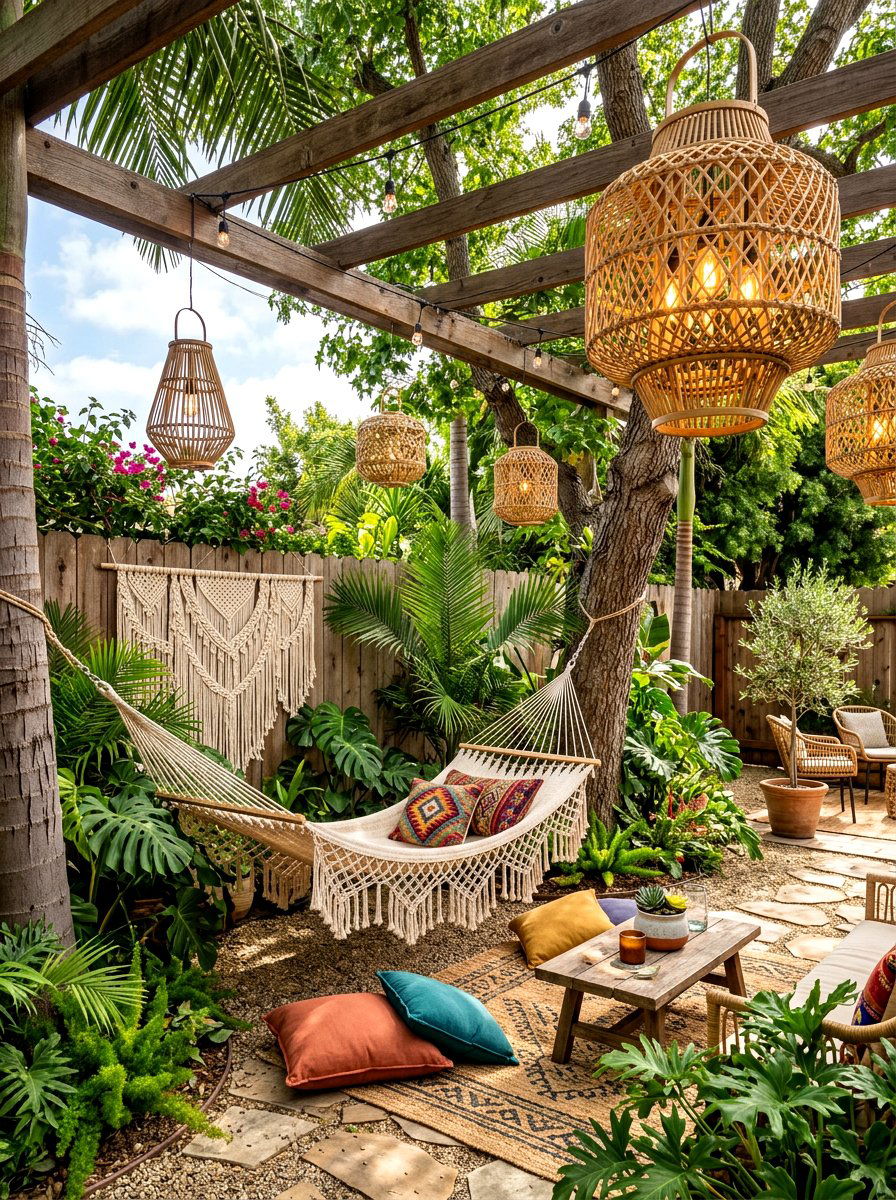 Boho Bamboo Lantern Backyard - 30 candle lantern patio ideas