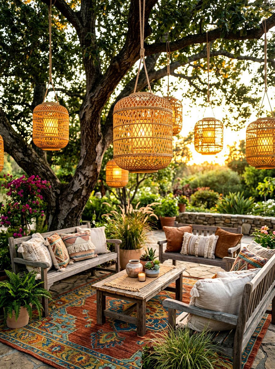 Boho Bamboo Lantern - 30 lamp lit patio ideas