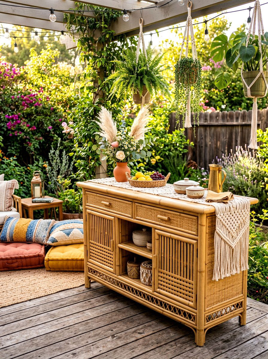 Boho Bamboo Patio Buffet - 30 outdoor sideboard ideas