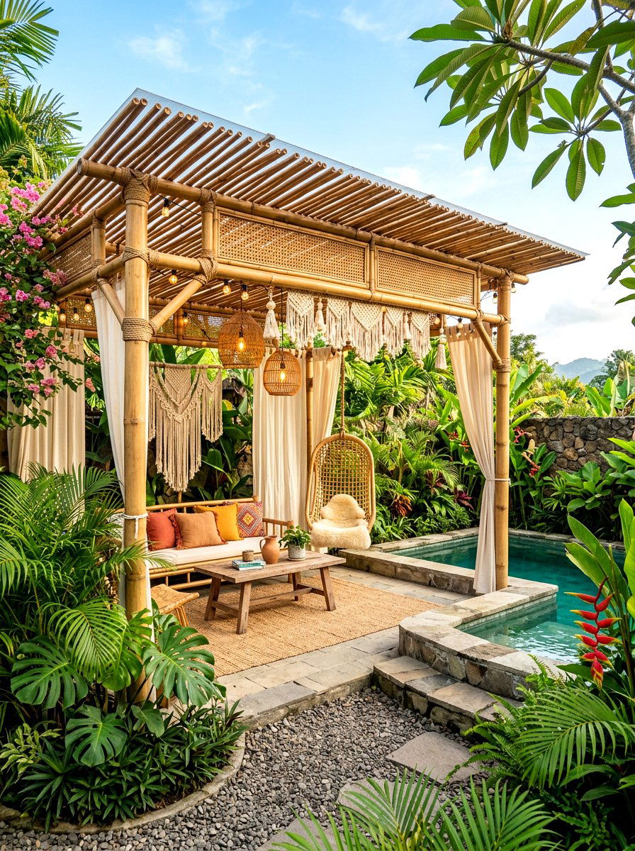 Boho Bamboo Pergola - 30 poolside pergola ideas
