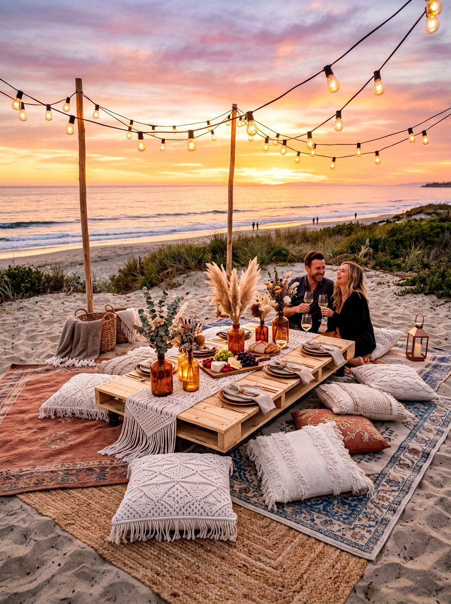 Boho Beach Picnic Setup - 30 seafood dinner table ideas aesthetic