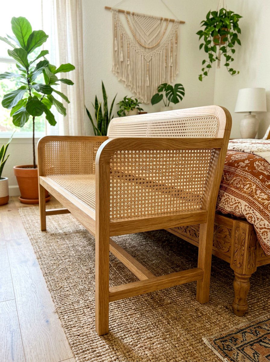 Boho Bedroom With Cane Bench - 30 bedroom bench ideas