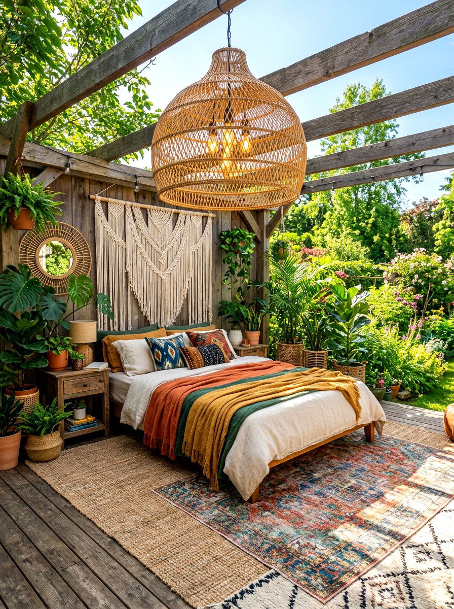 Boho Bedroom With Rattan Pendant - 30 bedroom lighting ideas