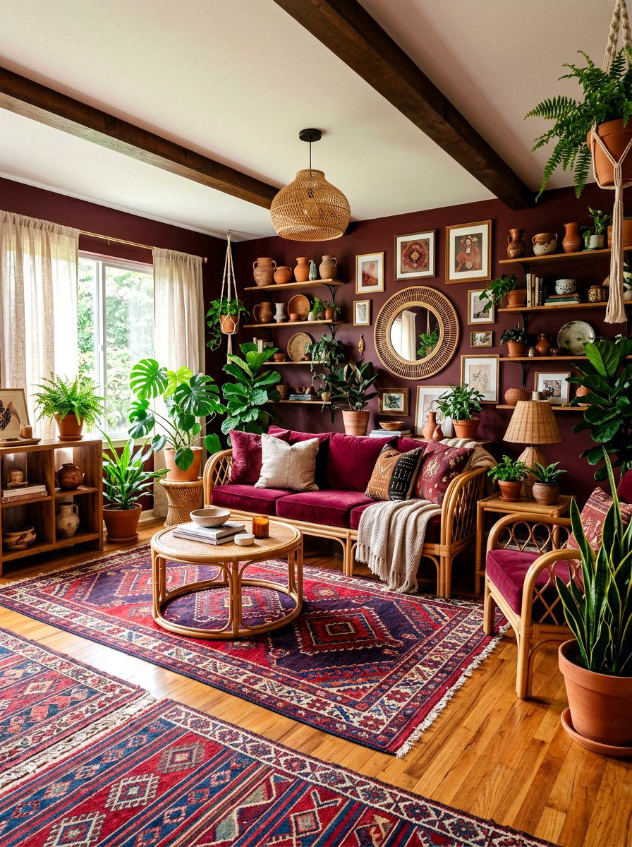 Boho Burgundy Style - 30 burgundy living room ideas
