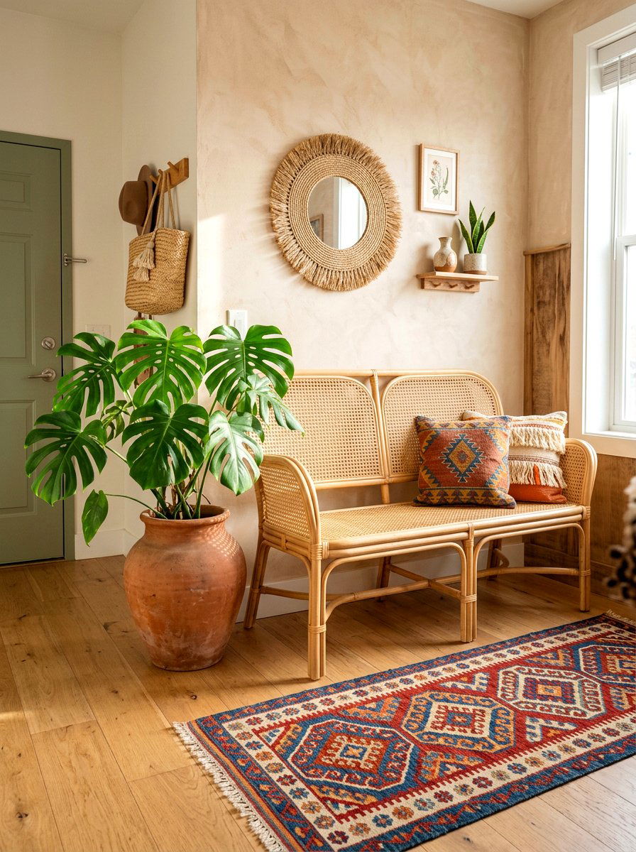 Boho Cane Bench - 30 apartment entry bench ideas