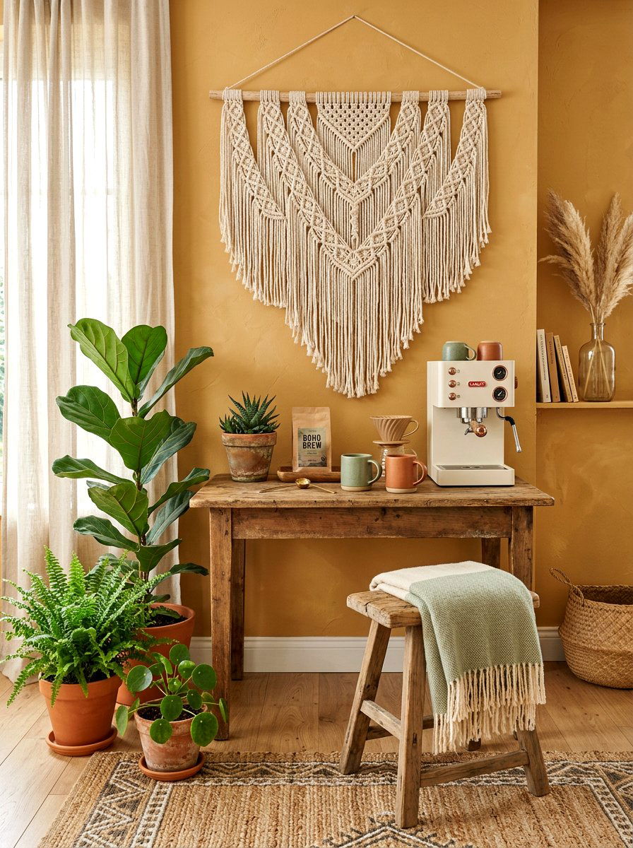 Boho Chic Coffee Corner - 30 aesthetic home cafe setup ideas