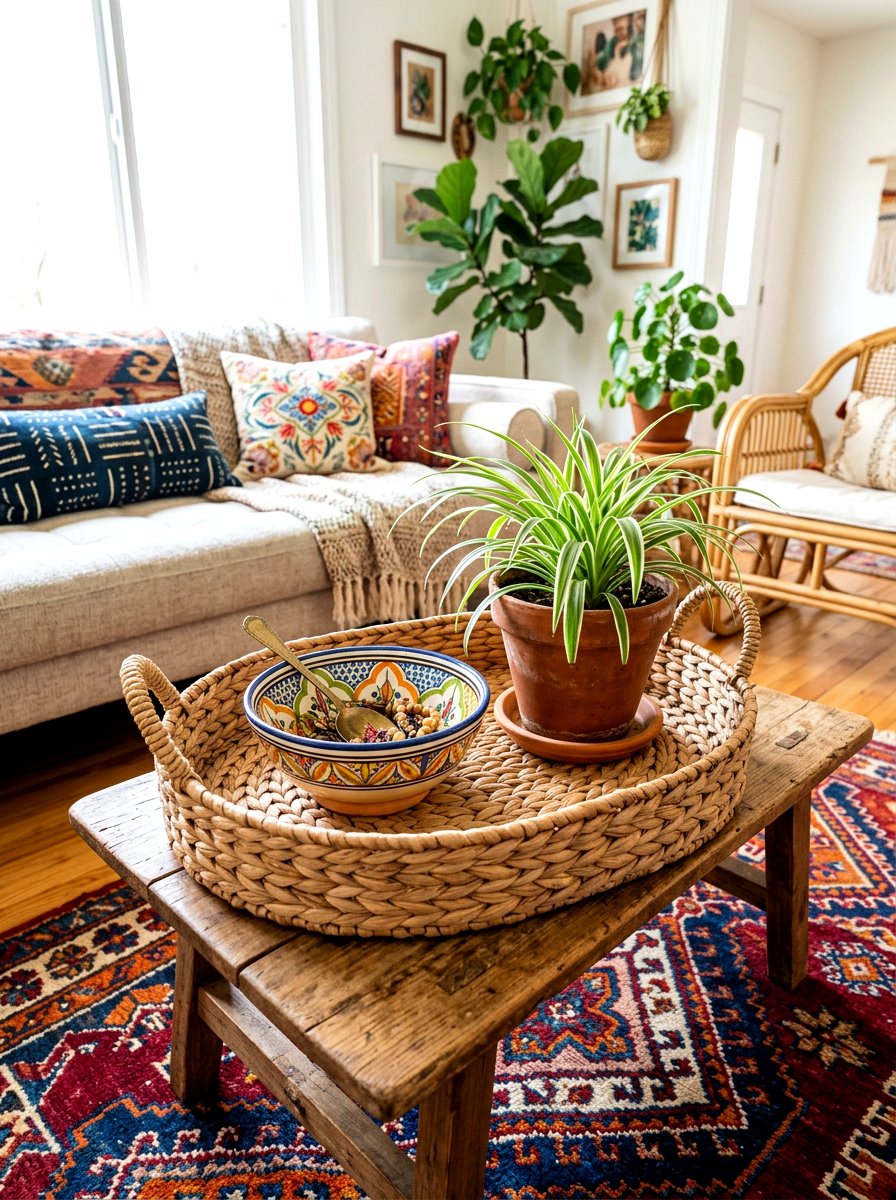 Boho Chic Hyacinth Tray - 30 woven tray decor ideas