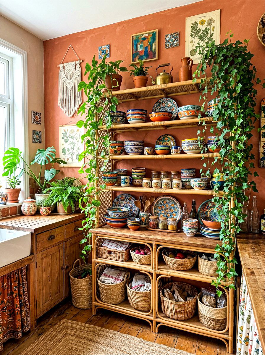 Boho Chic Kitchen Shelves - 30 kitchen open shelf styling ideas