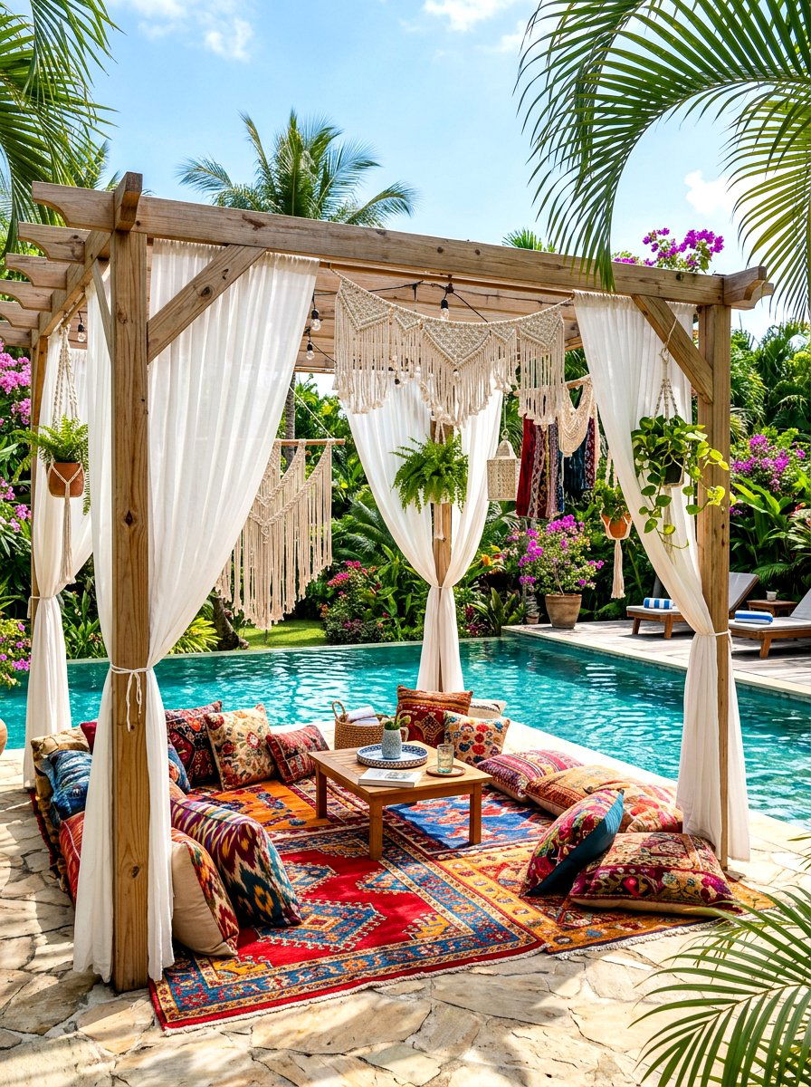 Boho Chic Pool Pergola - 30 pool house lounge backyard ideas