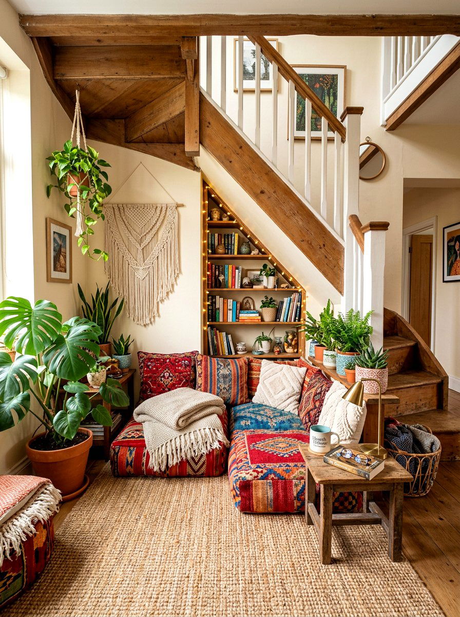 Boho Chic Reading Spot - 30 under stairs reading nook ideas