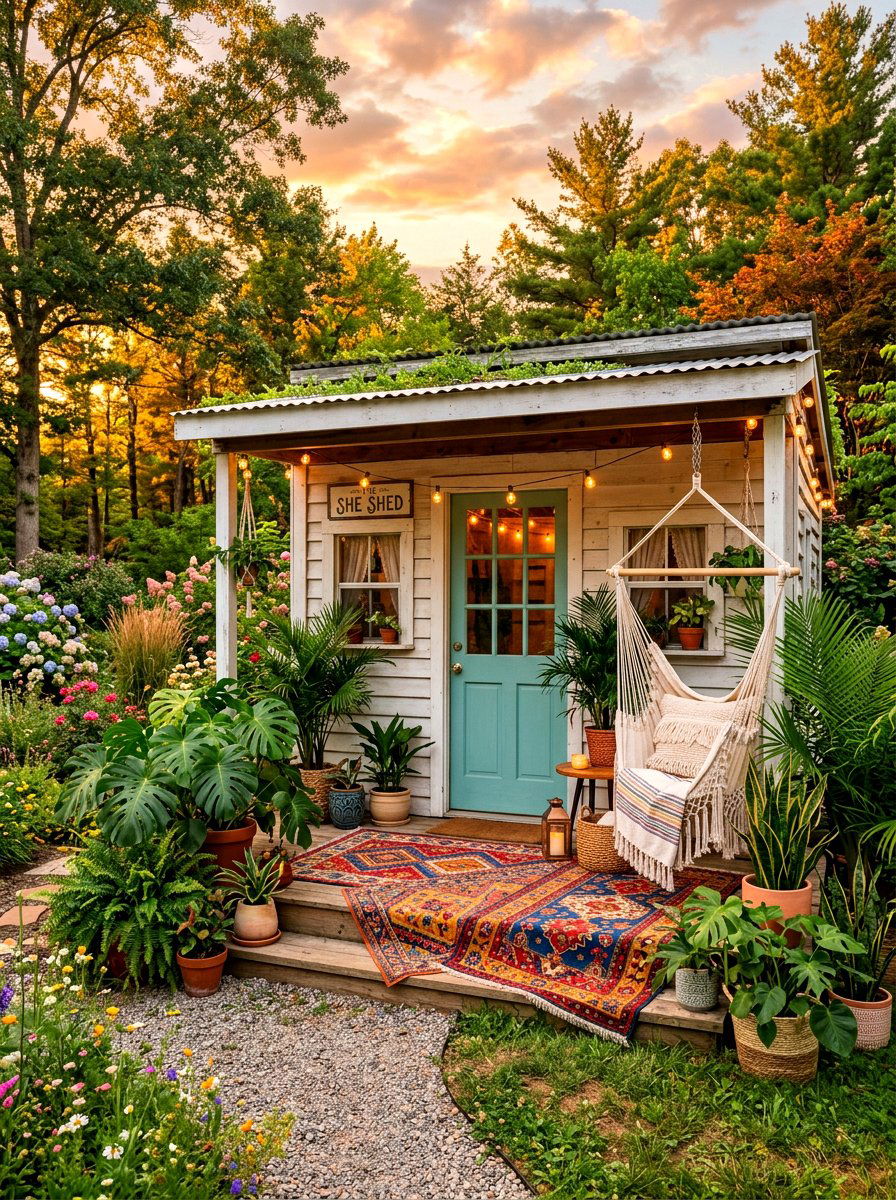 Boho Chic She Shed - 30 she shed backyard aesthetic ideas