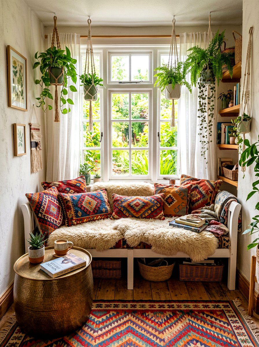 Boho Chic Window Nook - 30 banquette window nook ideas