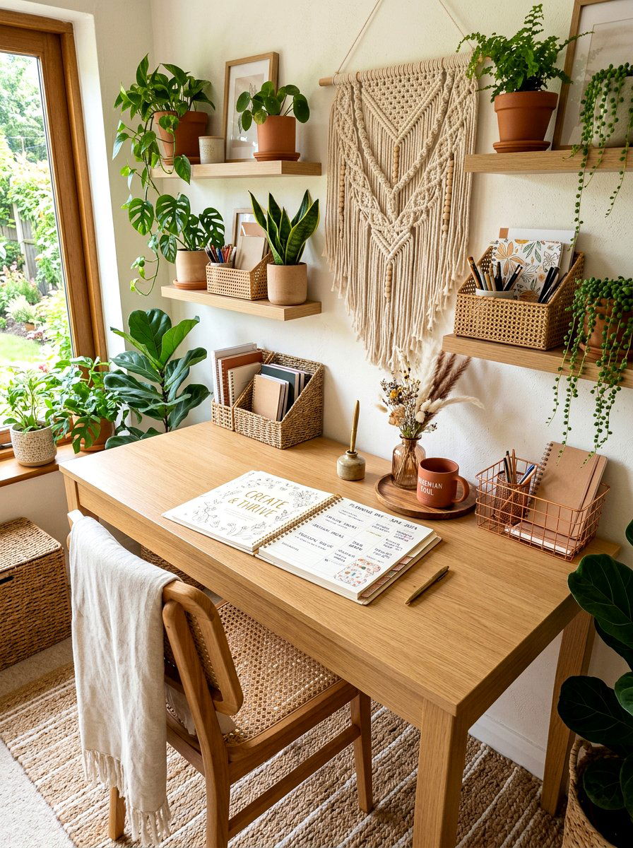 Boho Chic Workspace - 30 paper planner desk ideas