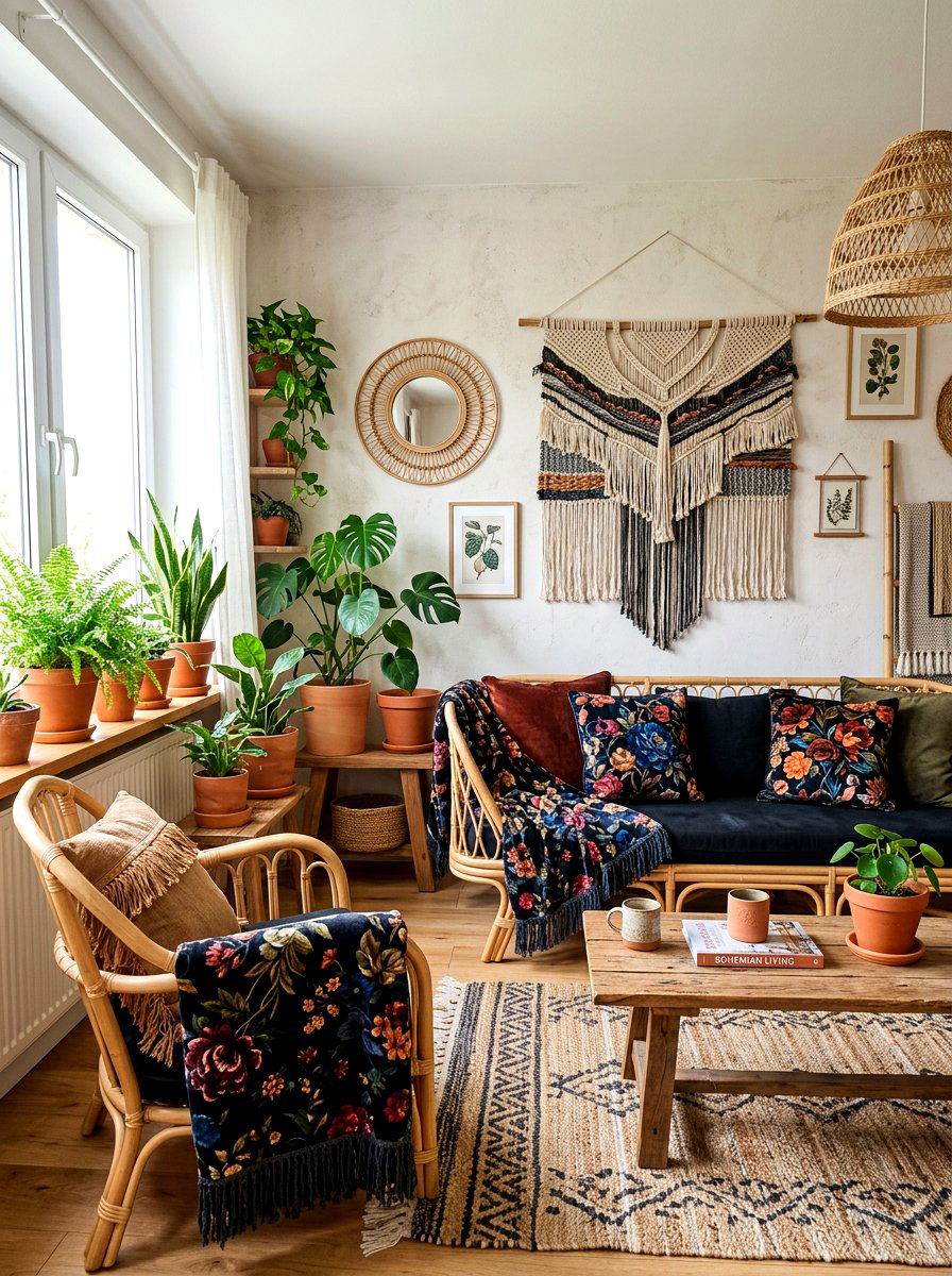 Boho Dark Floral Accents - 30 dark floral bedroom aesthetic ideas