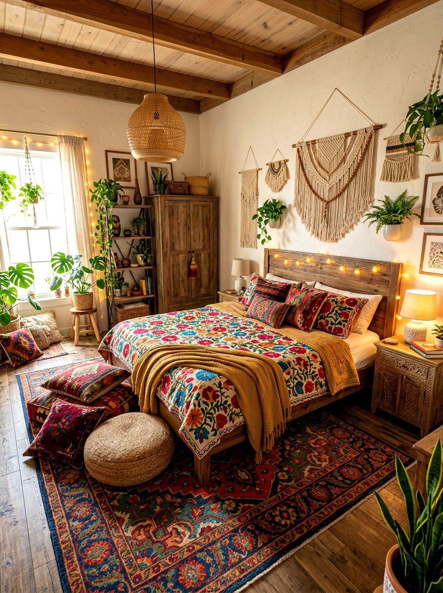 Boho Embroidered Floral Bedding - 30 floral bedding aesthetic ideas