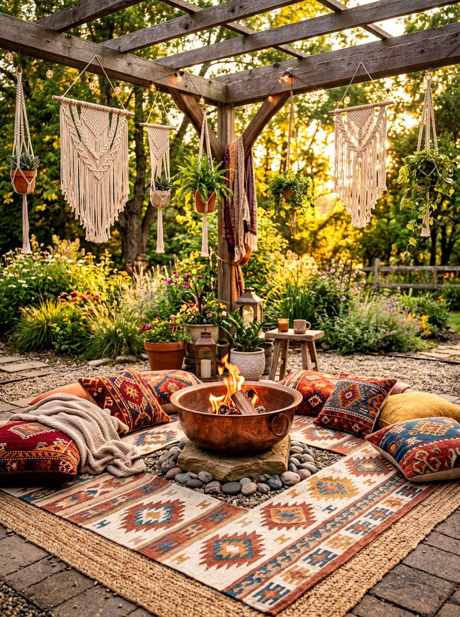 Boho Fire Pit Nook - 30 backyard retreat fire pit ideas