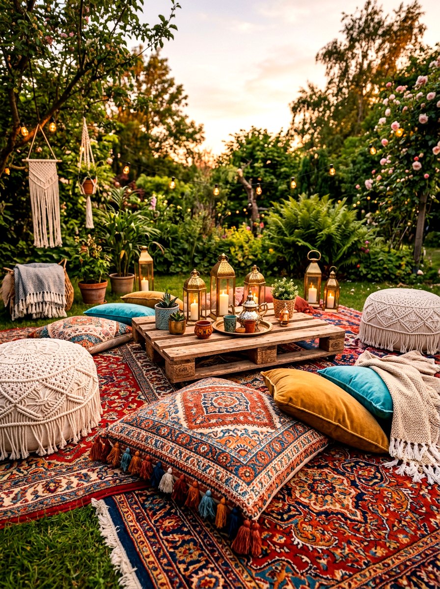 Boho Floor Cushion Lounge - 30 evening backyard lounge ideas