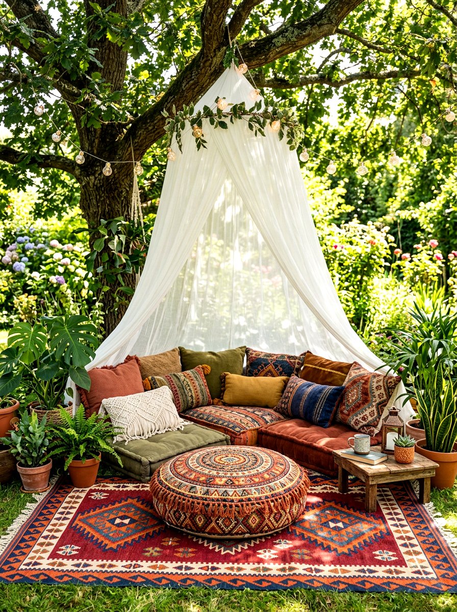 Boho Floor Cushion Nook - 30 meditation backyard corner ideas