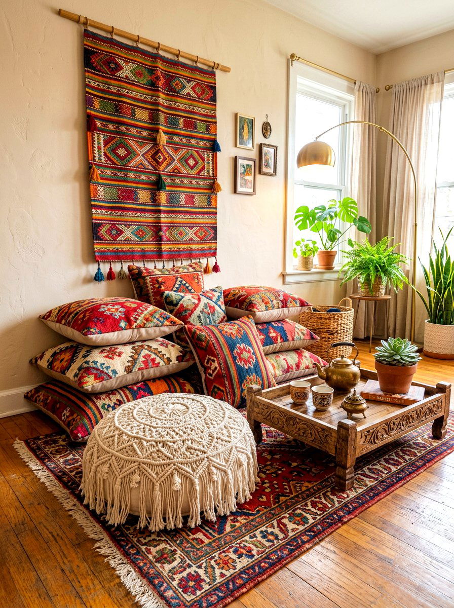 Boho Floor Cushion Seating - 30 quiet corner decor ideas