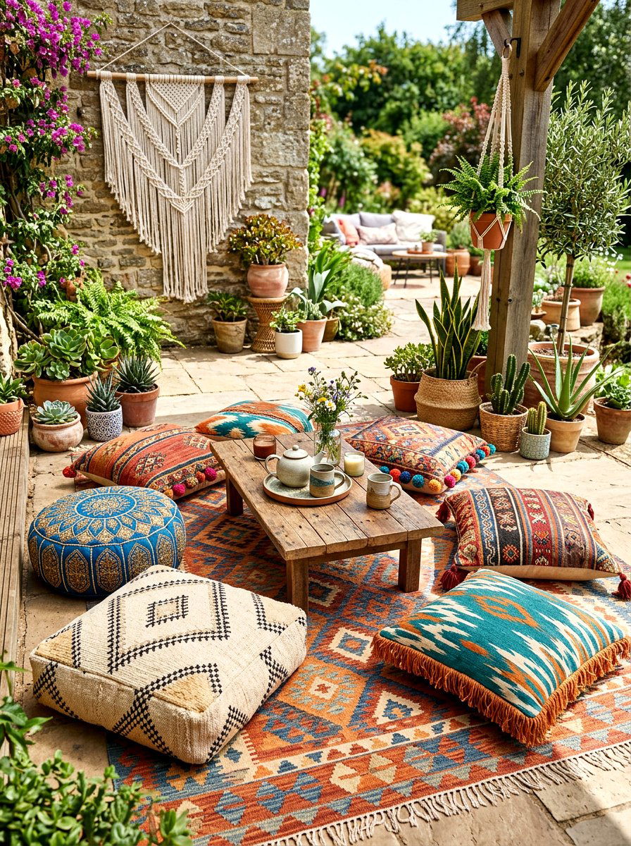 Boho Floor Cushions - 30 sunset hosting patio ideas