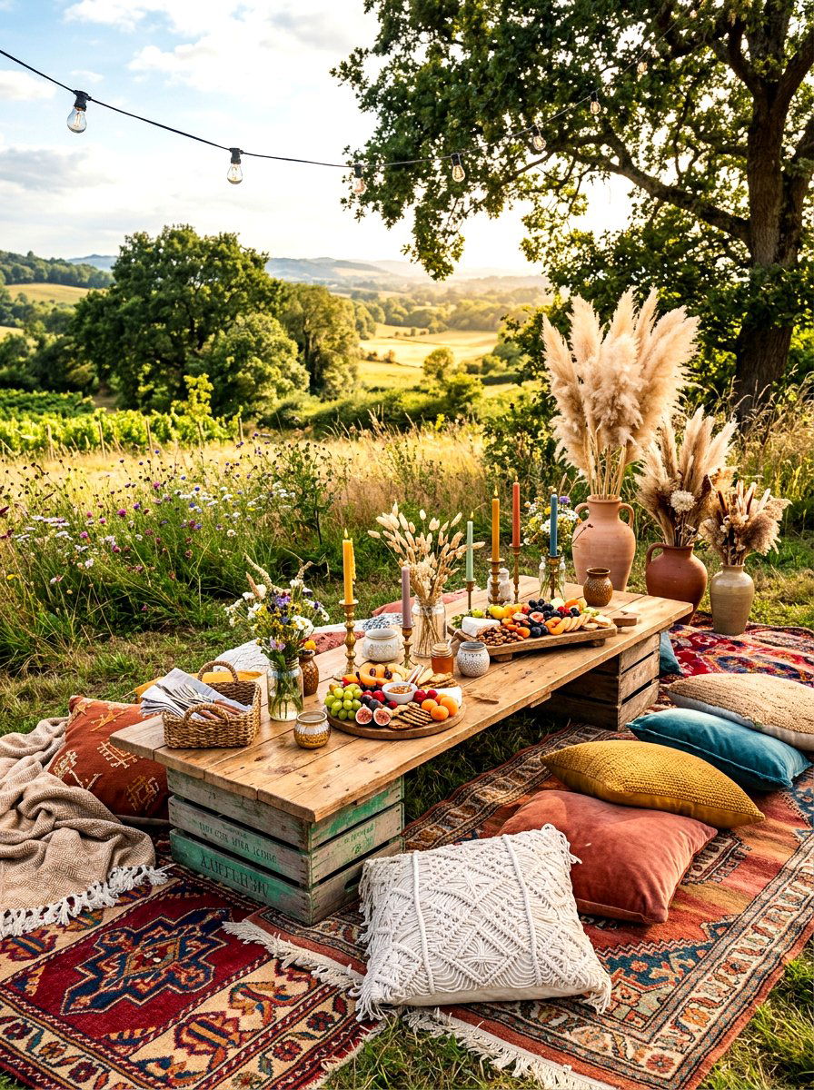 Boho Floor Picnic Table - 30 outdoor dessert station ideas