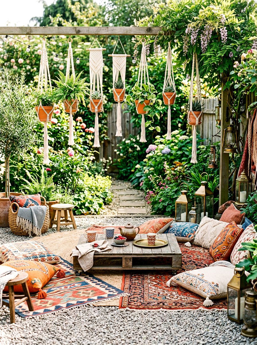 Boho Floor Seating Garden - 30 tea garden corner ideas