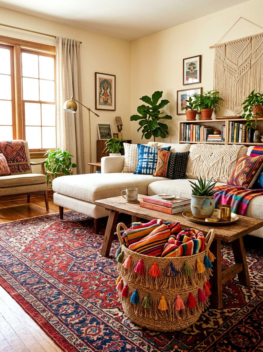 Boho Fringe Basket - 30 living room blanket basket ideas