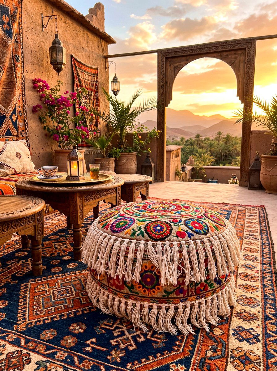 Boho Fringe Pouf - 30 outdoor pouf lounge ideas