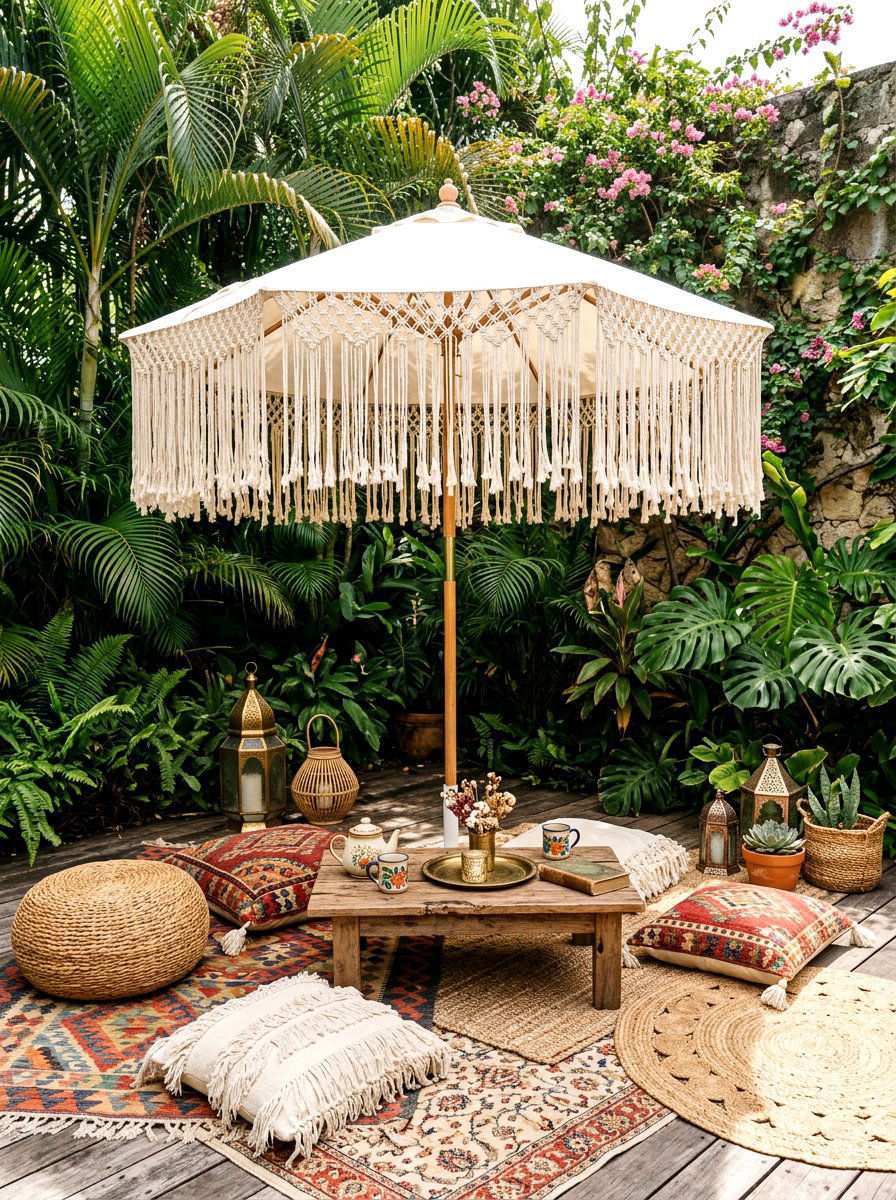 Boho Fringe Umbrella - 30 patio umbrella ideas