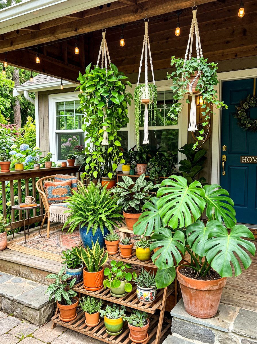 Boho Front Porch Plant Display - 30 front stoop garden ideas