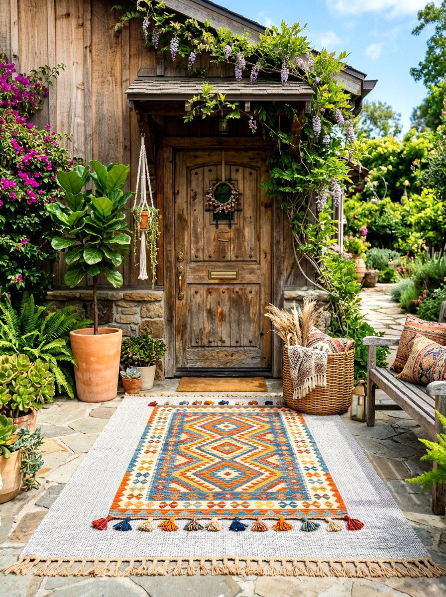 Boho Geometric Layered Entryway Rug - 30 entrance rug layering ideas