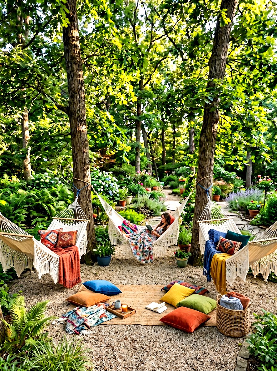 Boho Hammock Garden - 30 backyard lounge zone ideas