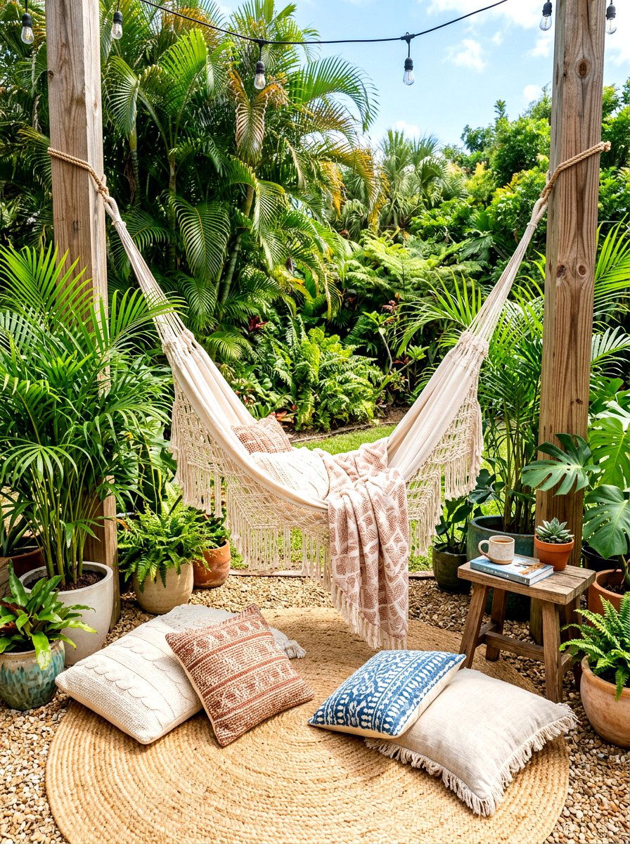 Boho Hammock Nook - 30 modern backyard lounge ideas