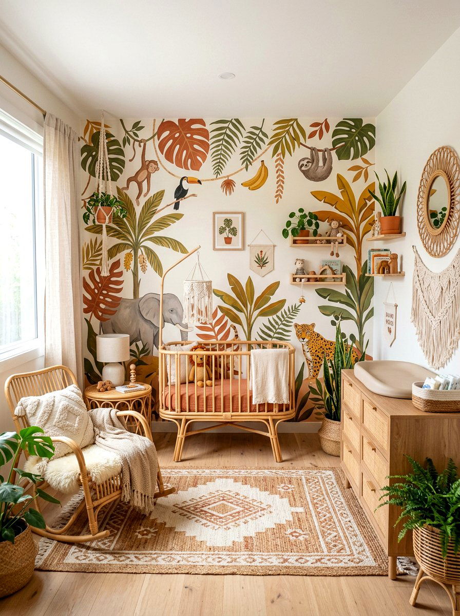 Boho Jungle Nursery Mural - 30 safari wall mural nursery ideas