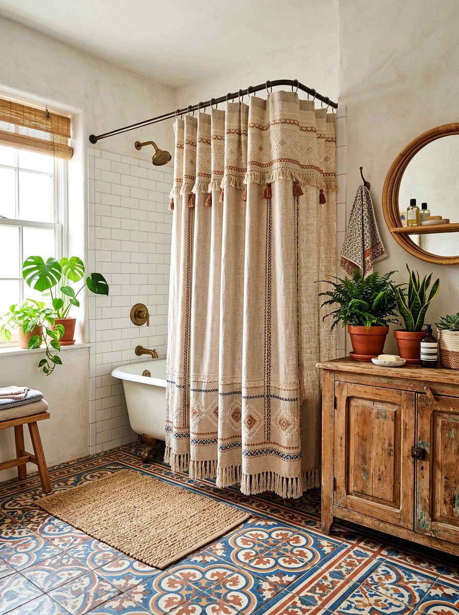 Boho Linen Shower Curtain - 30 linen shower curtain ideas
