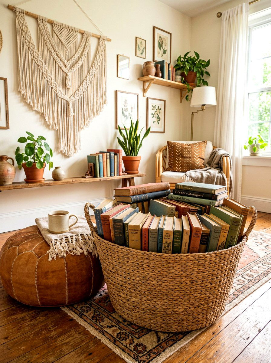 Boho Living Room Basket Filled With Vintage Books - 30 vintage book decor ideas