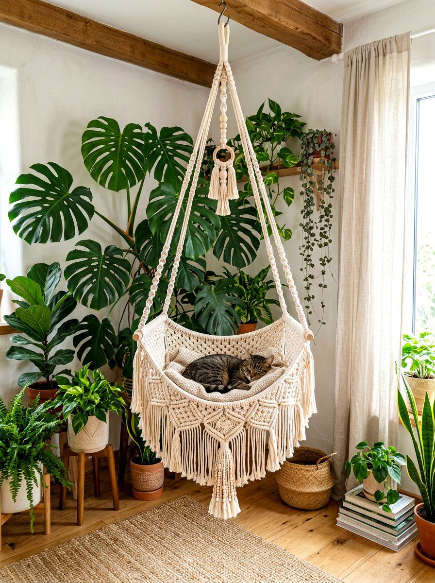 Boho Macrame Cat Hammock - 30 pet basket styling ideas