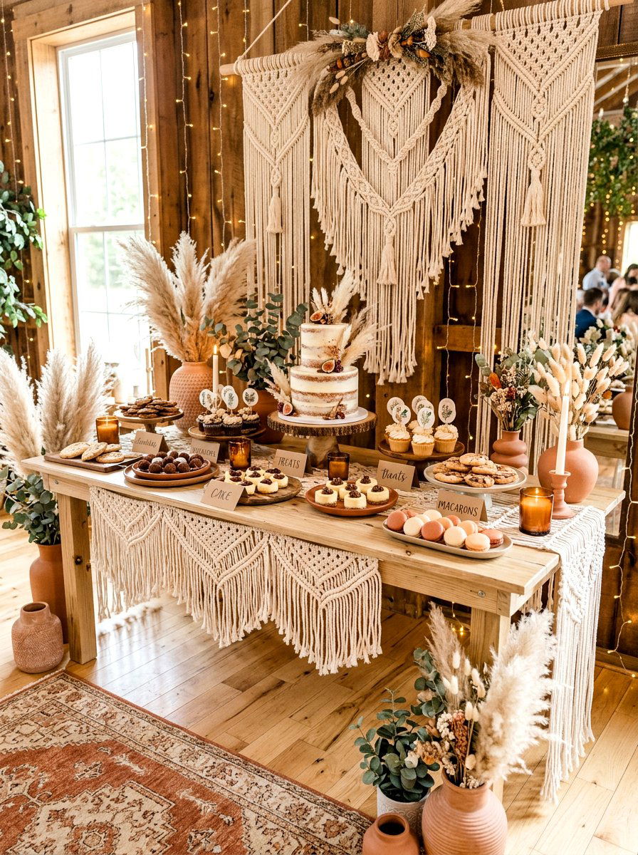 Boho Macrame Dessert Table - 30 dessert station aesthetic ideas