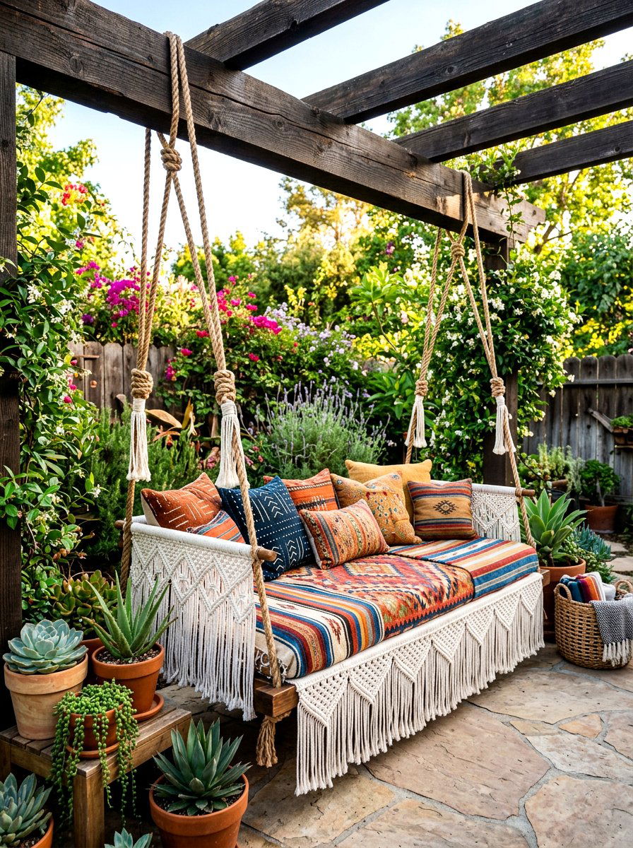 Boho Macrame Hanging Daybed - 30 poolside daybed cabana ideas