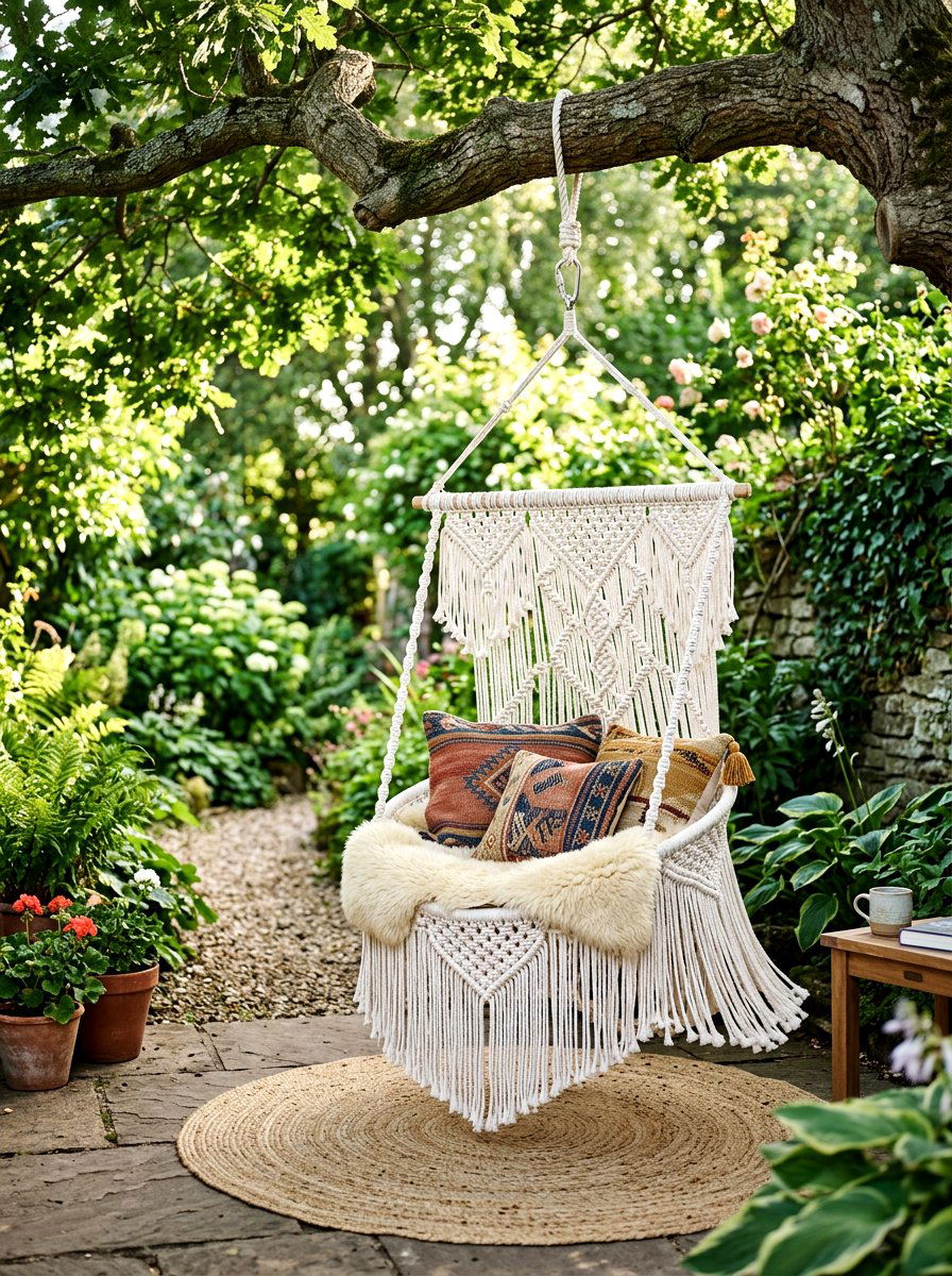 Boho Macrame Hanging Seat - 30 cocoon patio chair ideas