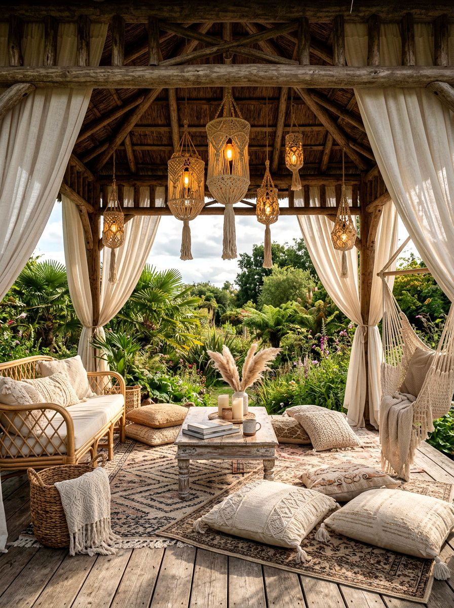 Boho Macrame Lanterns On Light Drapes - 30 gazebo curtain lighting ideas