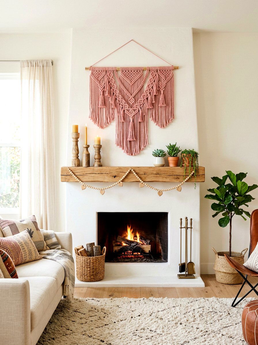 Boho Macrame Pink Valentine Mantel - 30 Valentine mantel ideas