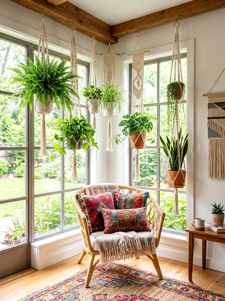 Boho Macrame Plant Display - 30 sunroom plant corner ideas