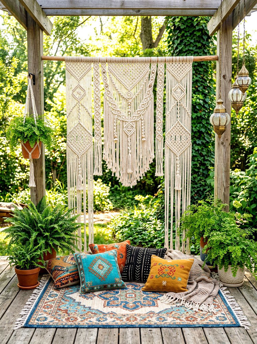 Boho Macrame Privacy Hanging - 30 patio corner screen ideas