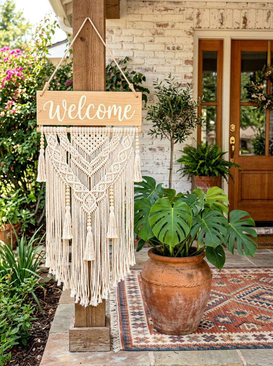 Boho Macrame Welcome Sign - 30 porch welcome sign ideas