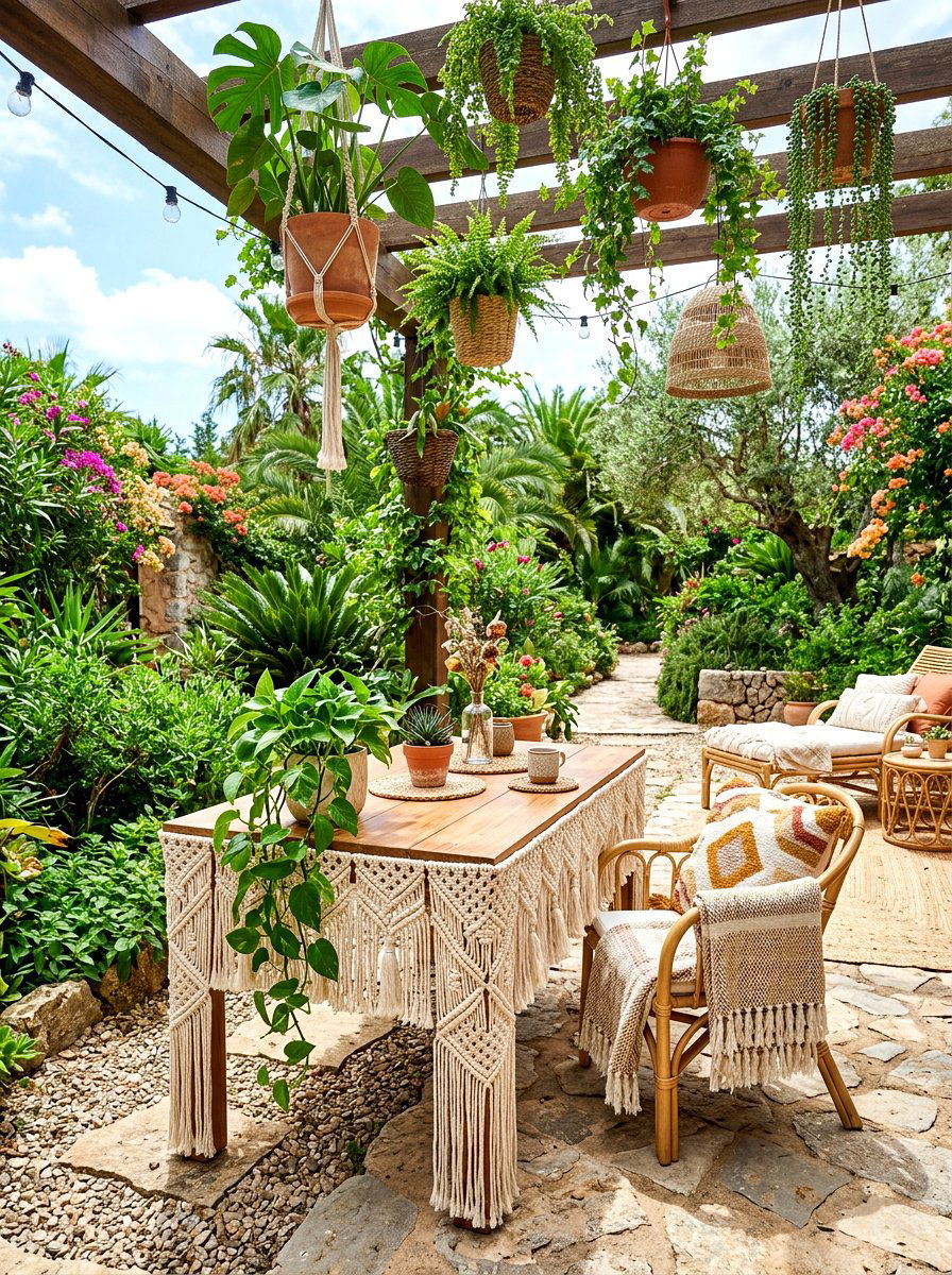 Boho Macrame Wrapped Table - 30 porch skirted table ideas