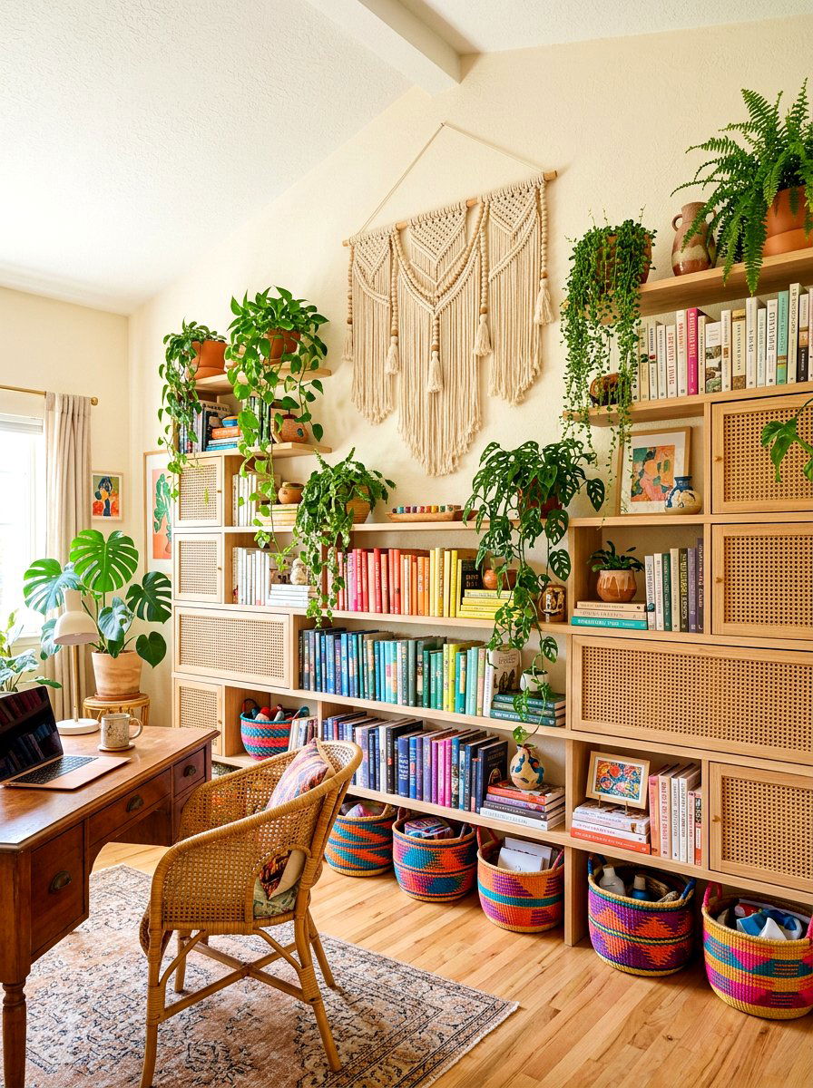 Boho Office Bookshelf Wall - 30 bookshelf wall office ideas