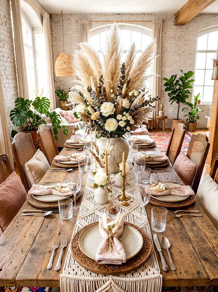 Boho Pampas Grass Table - 30 floral tablescape ideas