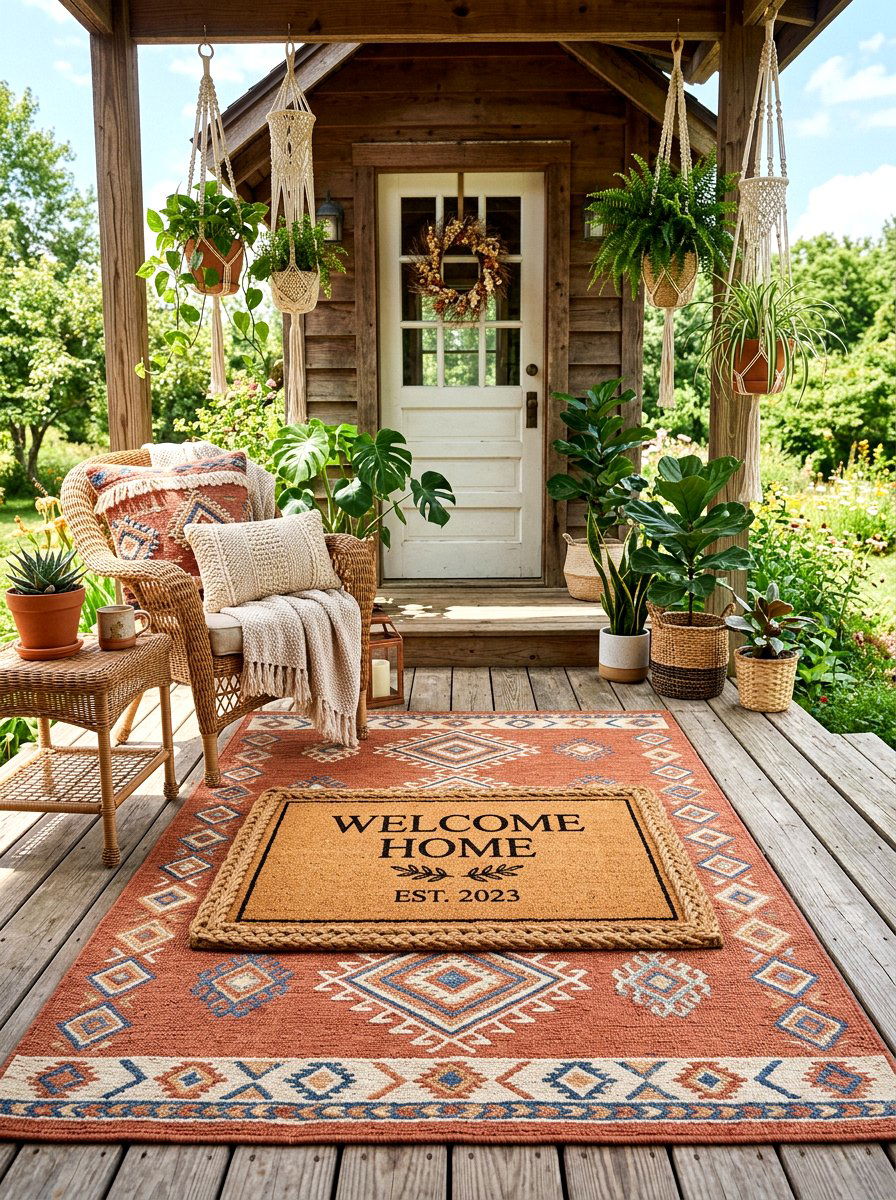 Boho Patterned Outdoor Layered Mat - 30 layered doormat porch ideas